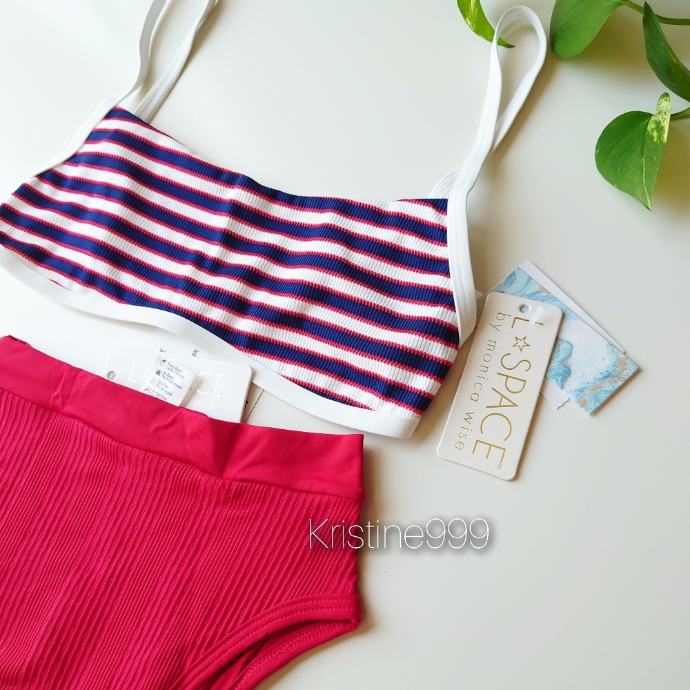 L*Space Gemma Frenchi Ribbed Striped Red White Navy Blue Bikini Set NWT